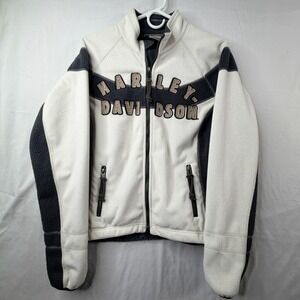 Harley Davidson Womens Fleece Jacket Cream Grey Full Zip 1903 Thumbholes Small